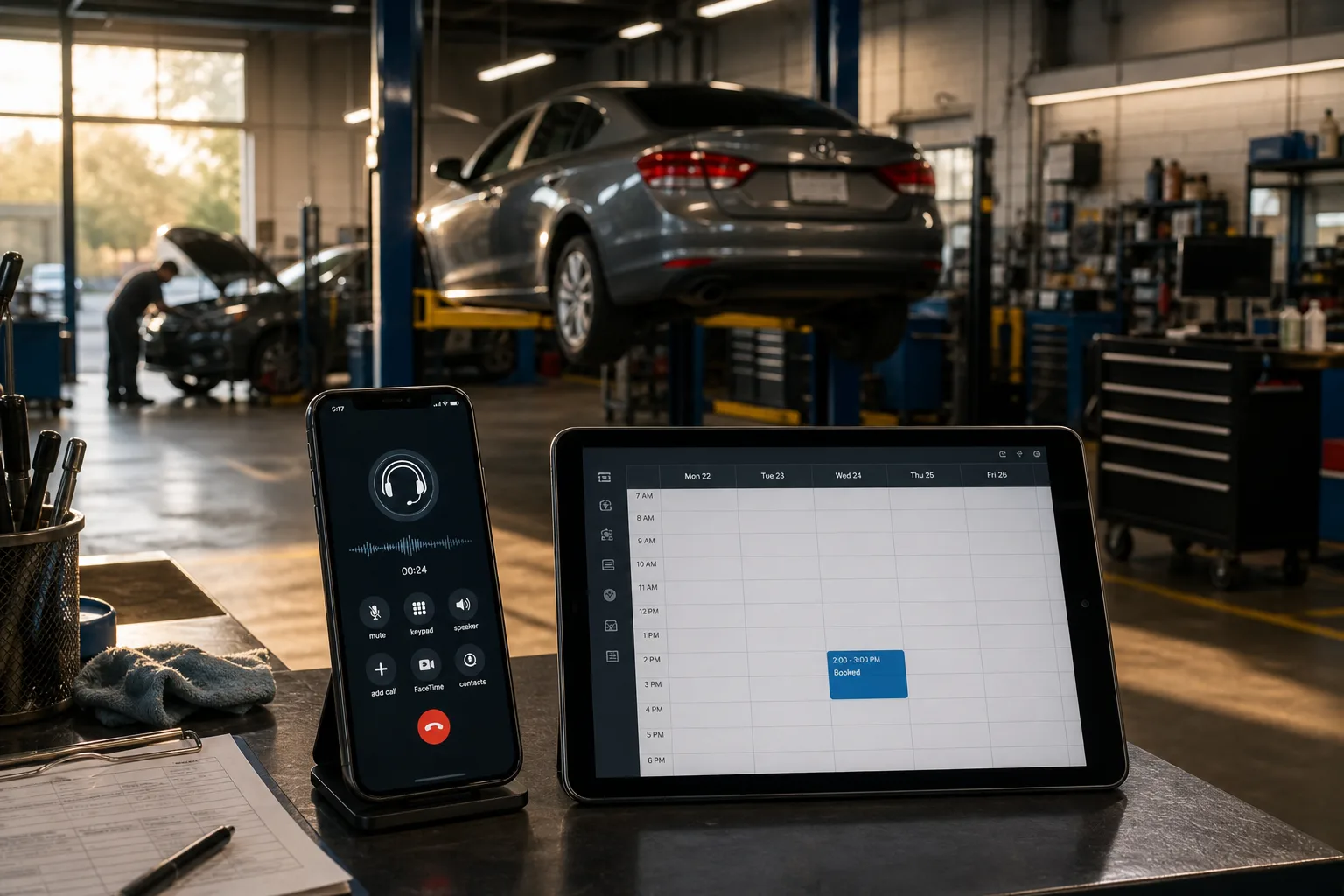 AI front desk answering an auto repair shop call and booking a drop-off on a calendar